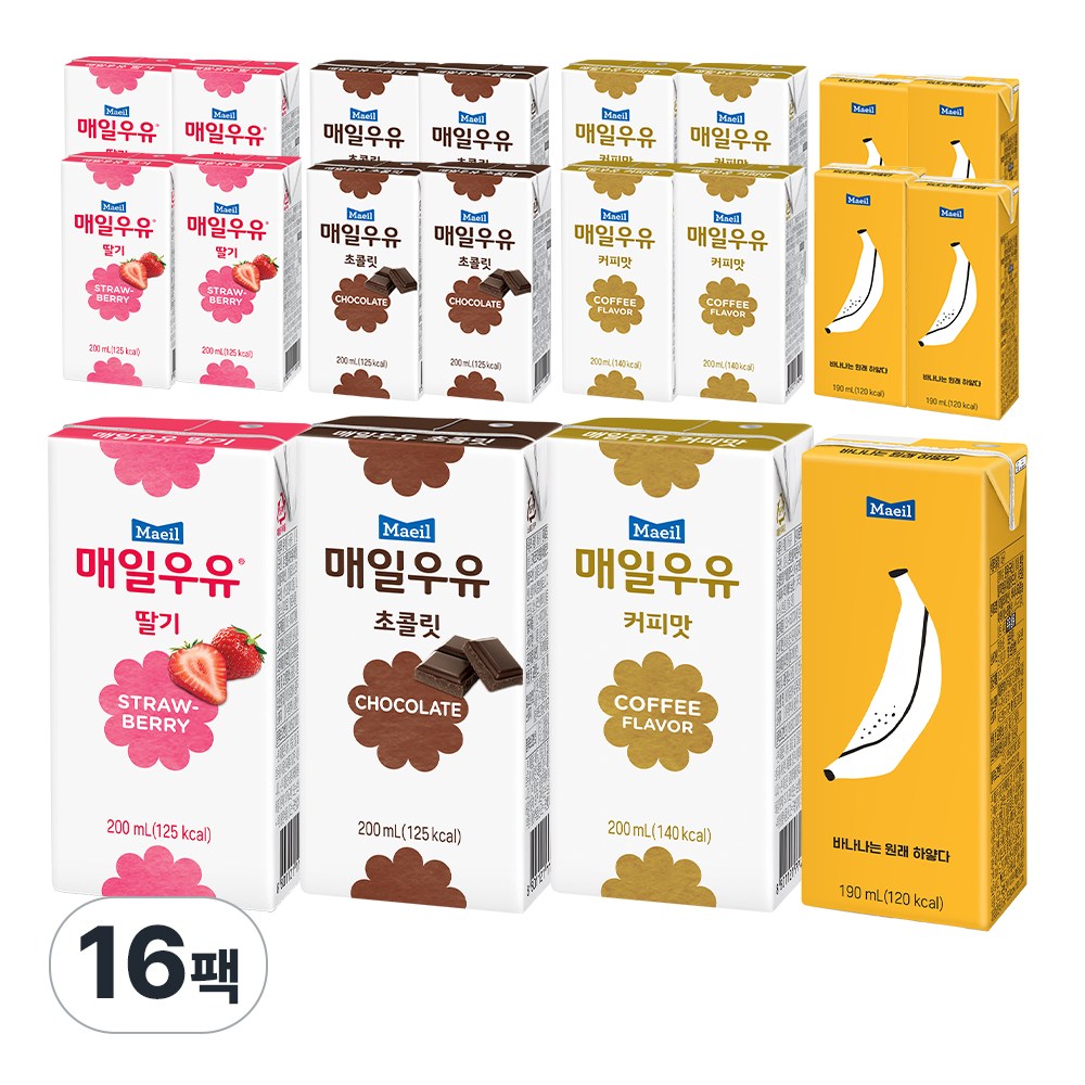 매일유업 매일우유 가공유 16팩(딸기4+초코4+커피4+바나나4) 14,500원