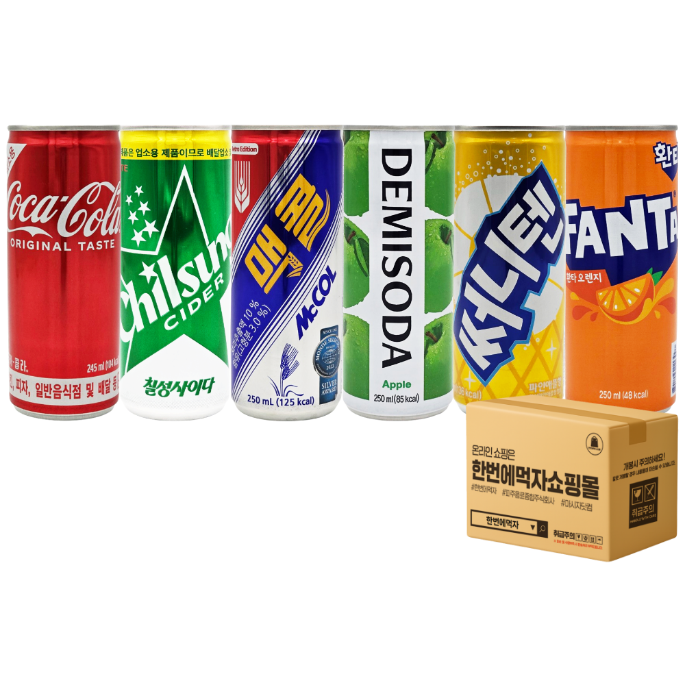 [한번에먹자] 탄산음료세트 250ml 6종 5캔씩 코카콜라업소 + 칠성사이다업소 + 웰치스포도 + 환타오렌지 + 써니텐파인애플 + 데미소다 애플 총30캔 캔음료수 모음 23,950원