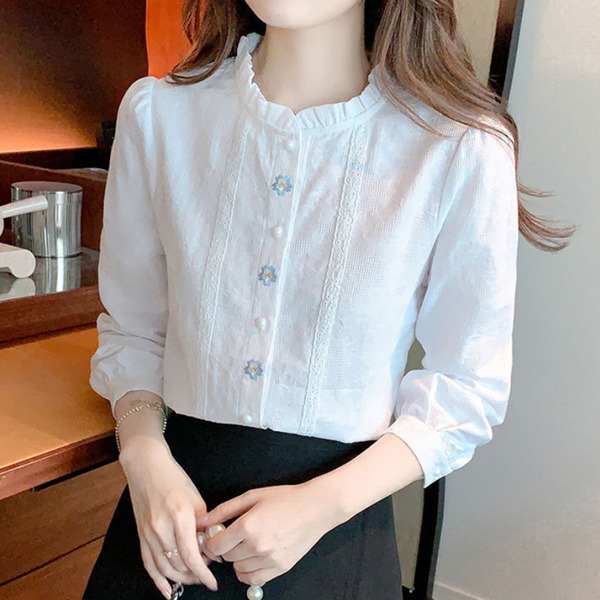 나바바 NB2460 여성 프릴 플라워 자수 포인트 긴팔 블라우스 16,400원