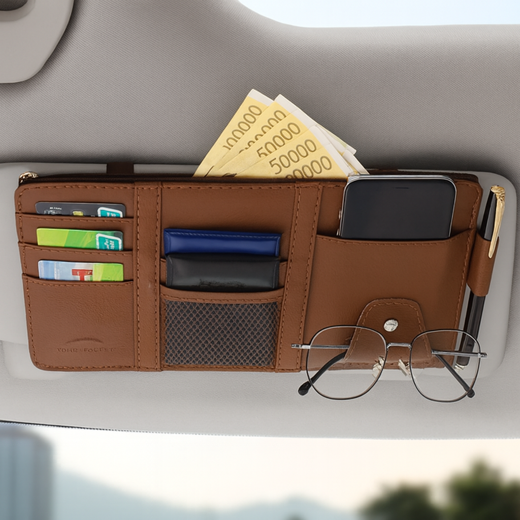 펀토피아 차량용 썬바이저 카드포켓 안경거치대 지폐수납, 브라운, 1개 7,500원