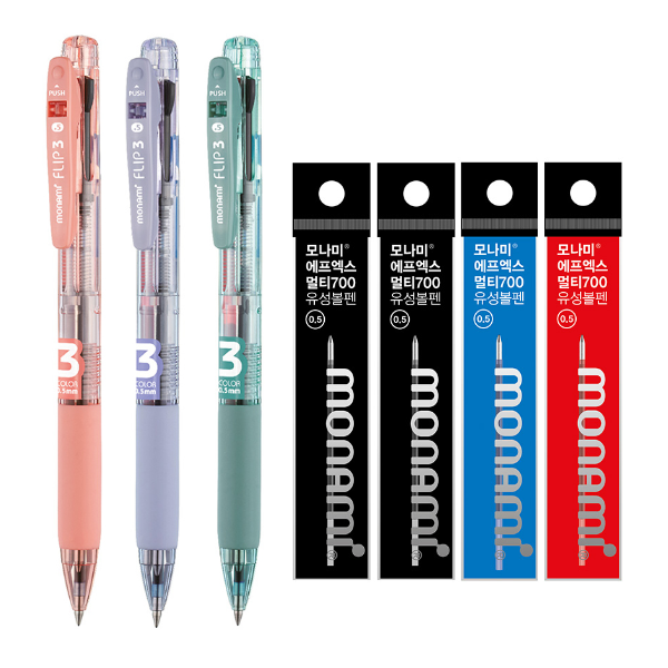 모나미 플립3 펜 0.5mm 3종 + FX 멀티 700 리필심 0.7mm 4p 세트 12,400원