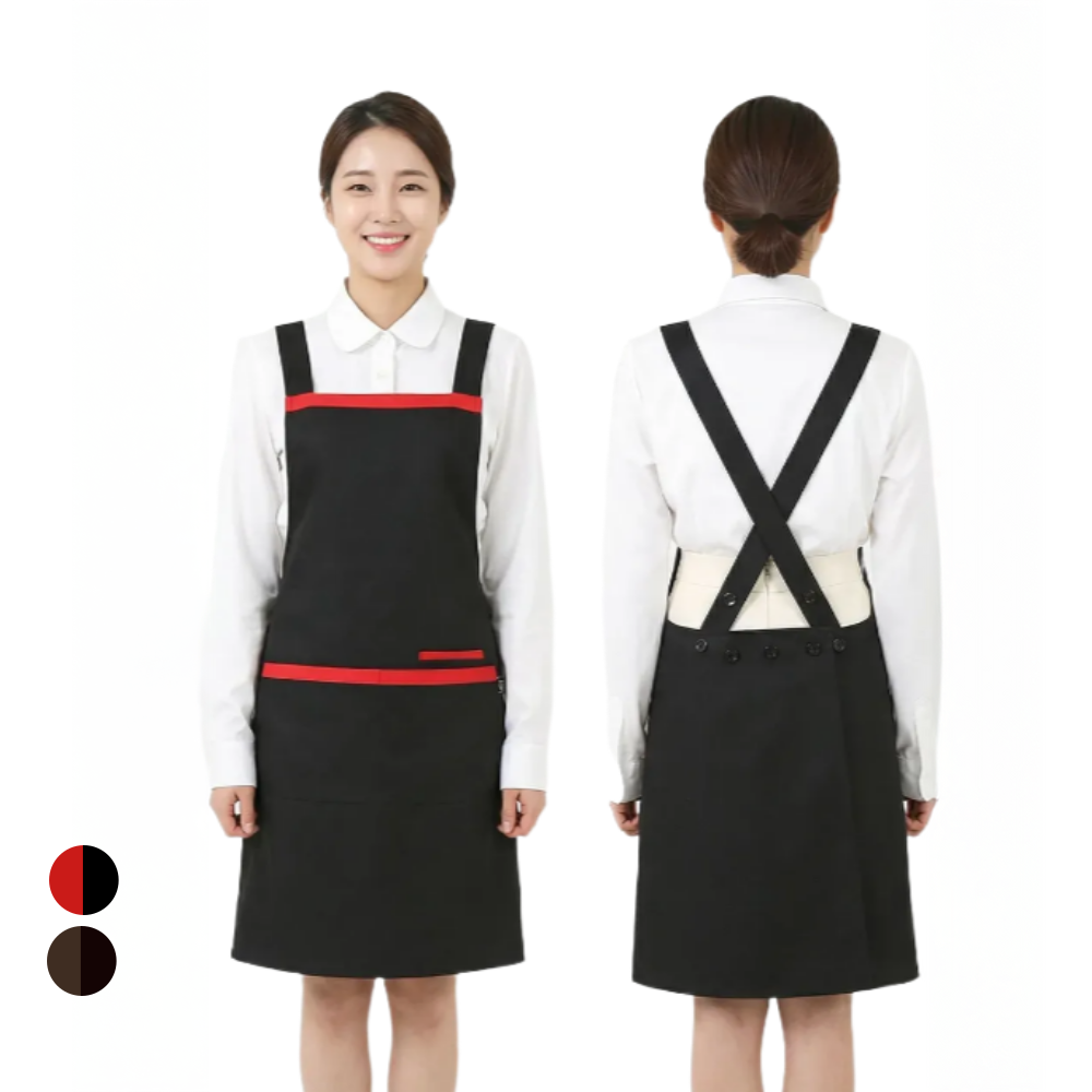 쿡셰프 X형 단추여밈 라인배색 2종 / 심플배색 주방 서빙 앞치마 4종 (택1), 블랙, 1개 13,890원