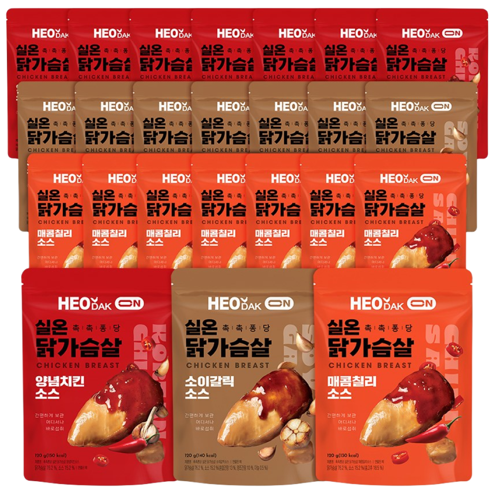 허닭ON 촉촉퐁당 실온 닭가슴살 3종 혼합 (양념치킨 소이갈릭 매콤칠리), 24개, 120g 57,180원