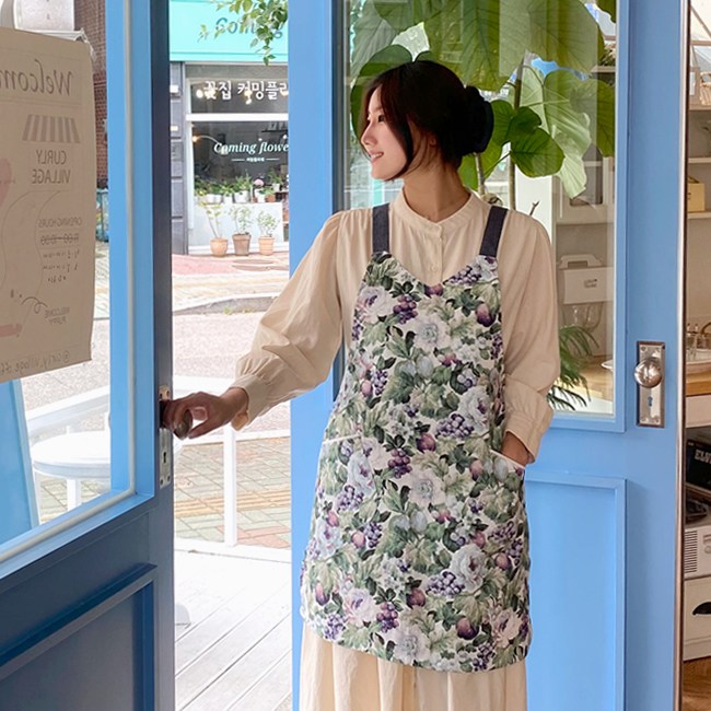 그레이프 플라워 H형 끈 린넨 안감방수 앞치마, 블루, 1개 24,900원