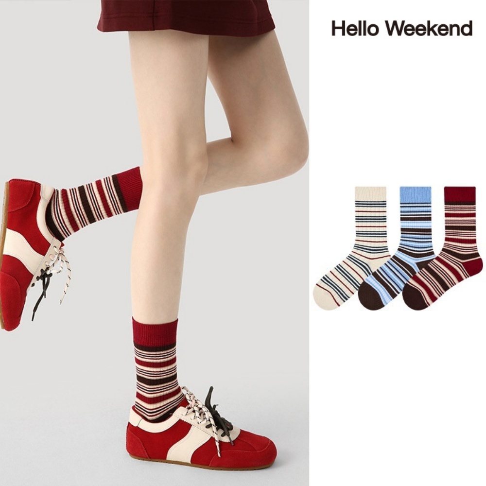 Hello Weekend 여성 양말 배색 스트라이프 봄여름 양말 중목 양말 장목 양말 중목 양말 편안한 무압박 운동 통기성 패션 면 양말 3족 세트 24,990원