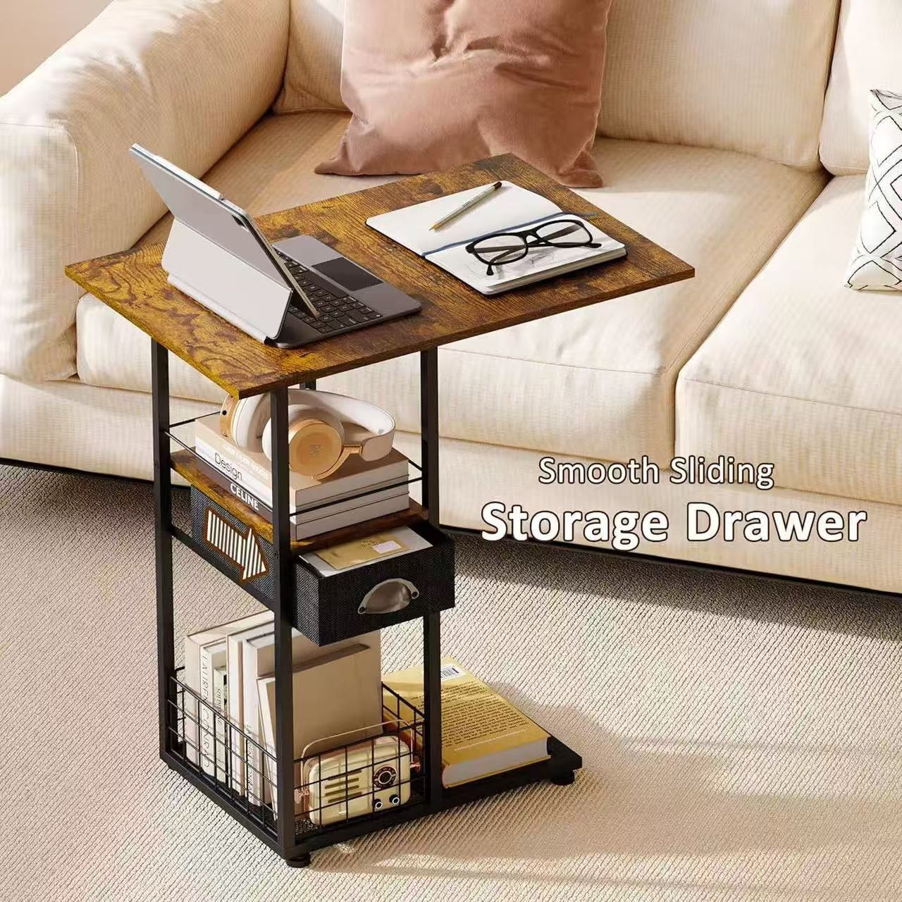 이동식 경량 럭셔리 사이드 테이블 빈티지 소파 테이블 C형 선반 서랍 수납 이동식 카트 소형 주택 코너 테이블 캐스터 바퀴 포함, 흑갈색 68,000원