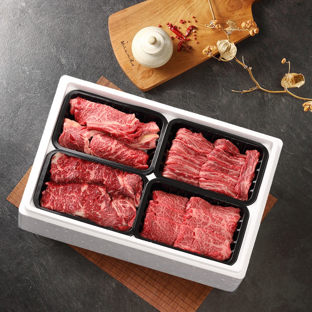 [미소드림] 한우 1등급 소고기 4구 선물세트 1.6kg (등심+채끝살+갈비살+부채살), 1박스 190,170원