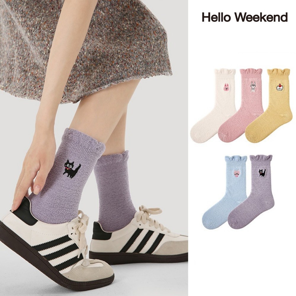 Hello Weekend 여성 양말 귀여운 자수 겨울 수면 양말 수면 양말 임산부 무압박 장목 양말 중목 양말 보온 방한용품 코랄벨벳 다리 보온대 5족 세트 34,990원