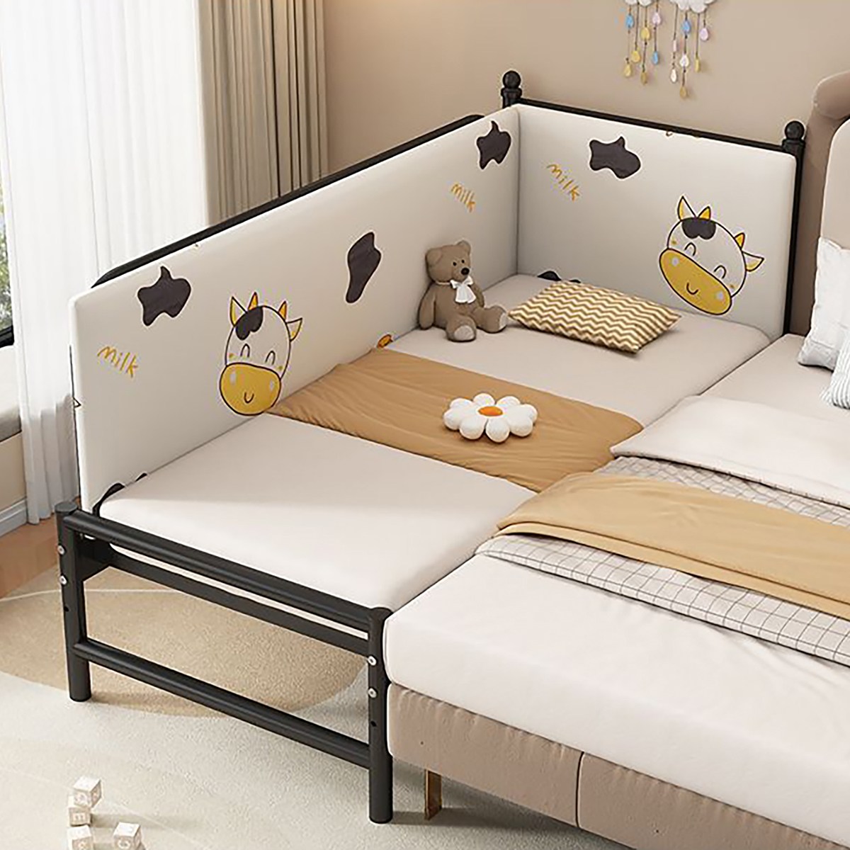 침실 사이드 달린 가드레일 확장프레임 철제 보조침대, 블랙+매트리스+소프트 패널 360,000원