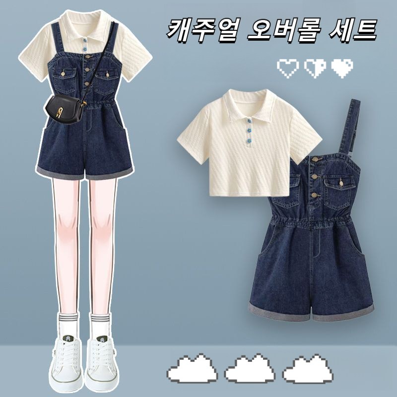 해피유통 14세 이상 어린이 여름 반팔 티셔츠와 청바지 멜빵 반바지 세트 패션 캐주얼 XG08 30,640원