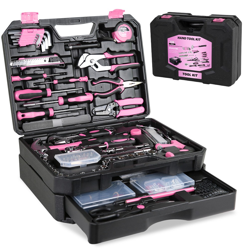 가정용 포터블 공구세트 소형 다용도 수리 공구박스 세트 만능 수공구함 박스 다중규격 서랍이 있어 수납이 용이하며, 1개, 510PCS-분홍색 209,000원