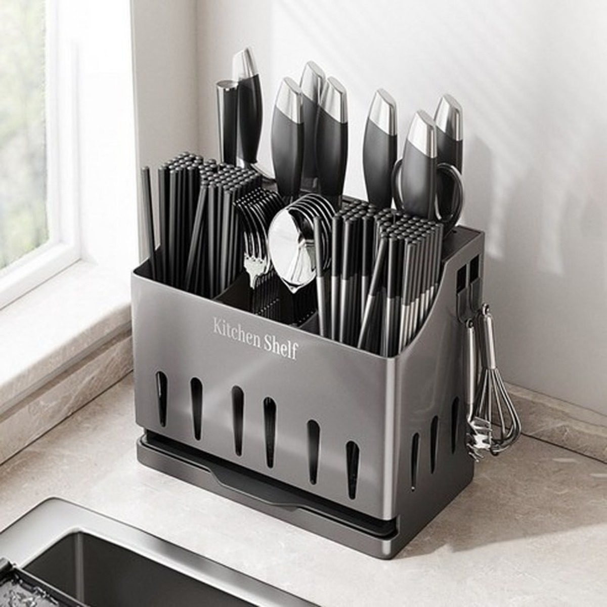 YOKOSOO 주방 통풍 물빠짐 올인원 칼꽂이 스테인리스 칼꽂이 수저통, 그레이, 1개 70,000원