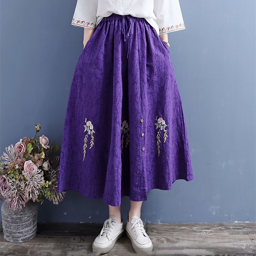 IWMAFT 여성용 여름용 면 린넨 자수 밴딩 미디 스커트 A라인 플레어핏 캐주얼 스커트 OP568 21,700원