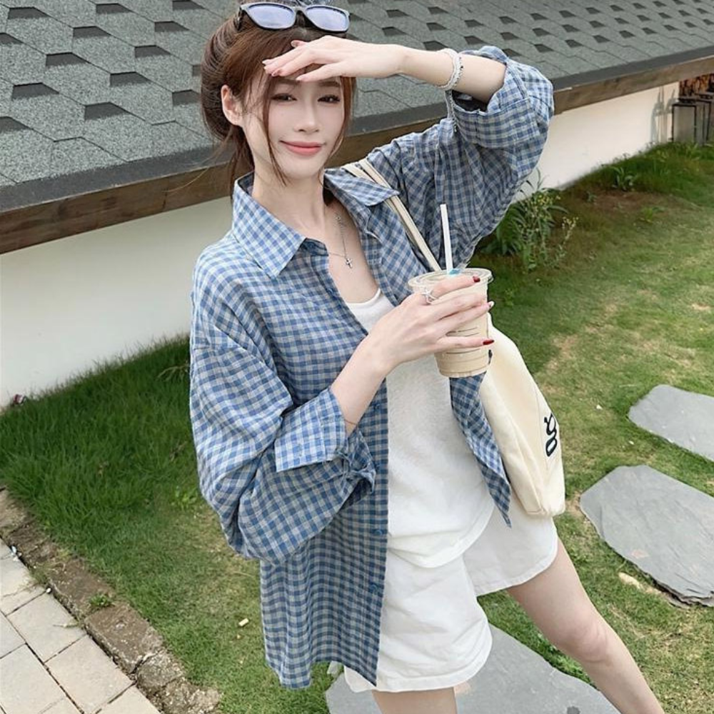 쿨웨이브 여성용 오버핏 체크 남방 셔츠 폴리에스터 캐주얼 봄 간절기 상의 26,800원