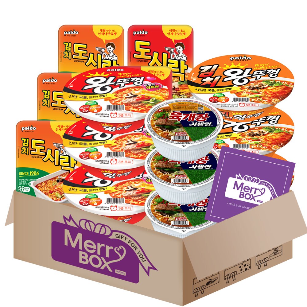 컵라면세트 팔도(왕뚜껑3+김치왕뚜껑3)+농심(육개장사발면3)+팔도(도시락3+김치도시락3)+메세지카드, 1박스 21,900원
