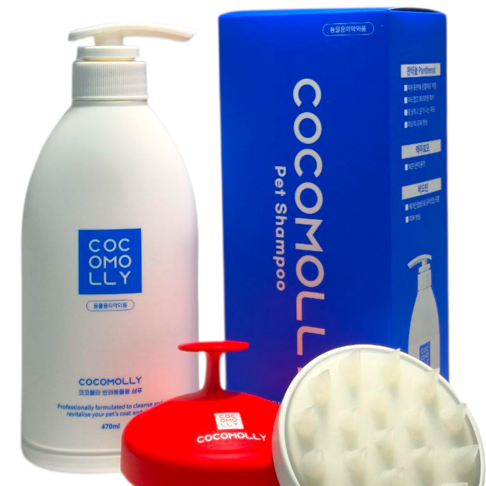 [목욕세트] 코코몰리 프리미엄 자연유래 저자극 강아지 판테놀 샴푸 470ml + 실리콘 목욕 브러쉬 24,900원