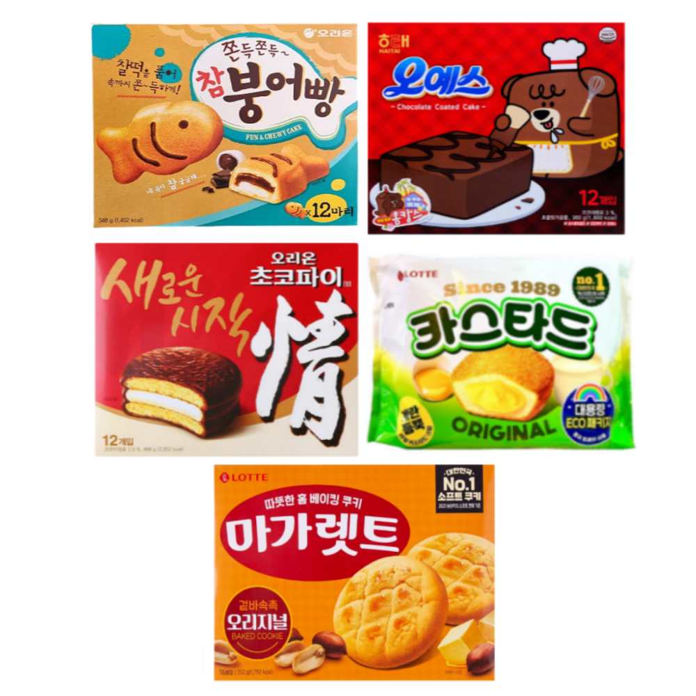 파이 5종 (오리온초코파이468g 1개+붕어빵174g 1개+롯데카스타드230g 1개+마가렛트352g 1개+오예스360g 1개) 25,990원