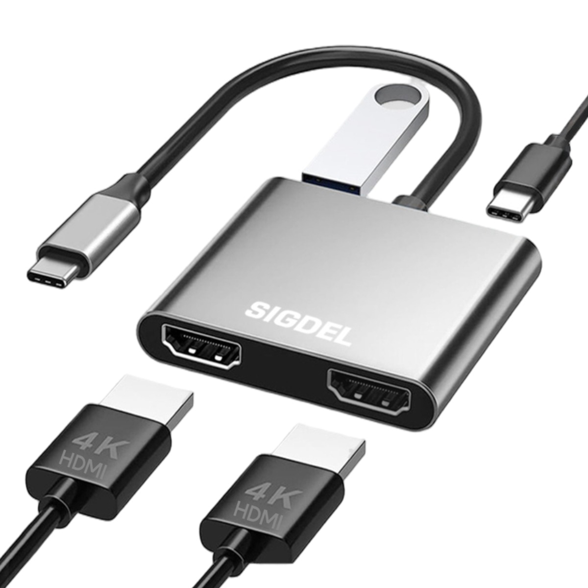 시그델 C타입 C TO HDMI 4in1 듀얼 모니터 2대 확장 3분할 연결 화면 분배기 4K 멀티 USB 3.0 PD90W 노트북 컴퓨터 젠더 허브 M-01, 메탈실버, 1개 29,900원