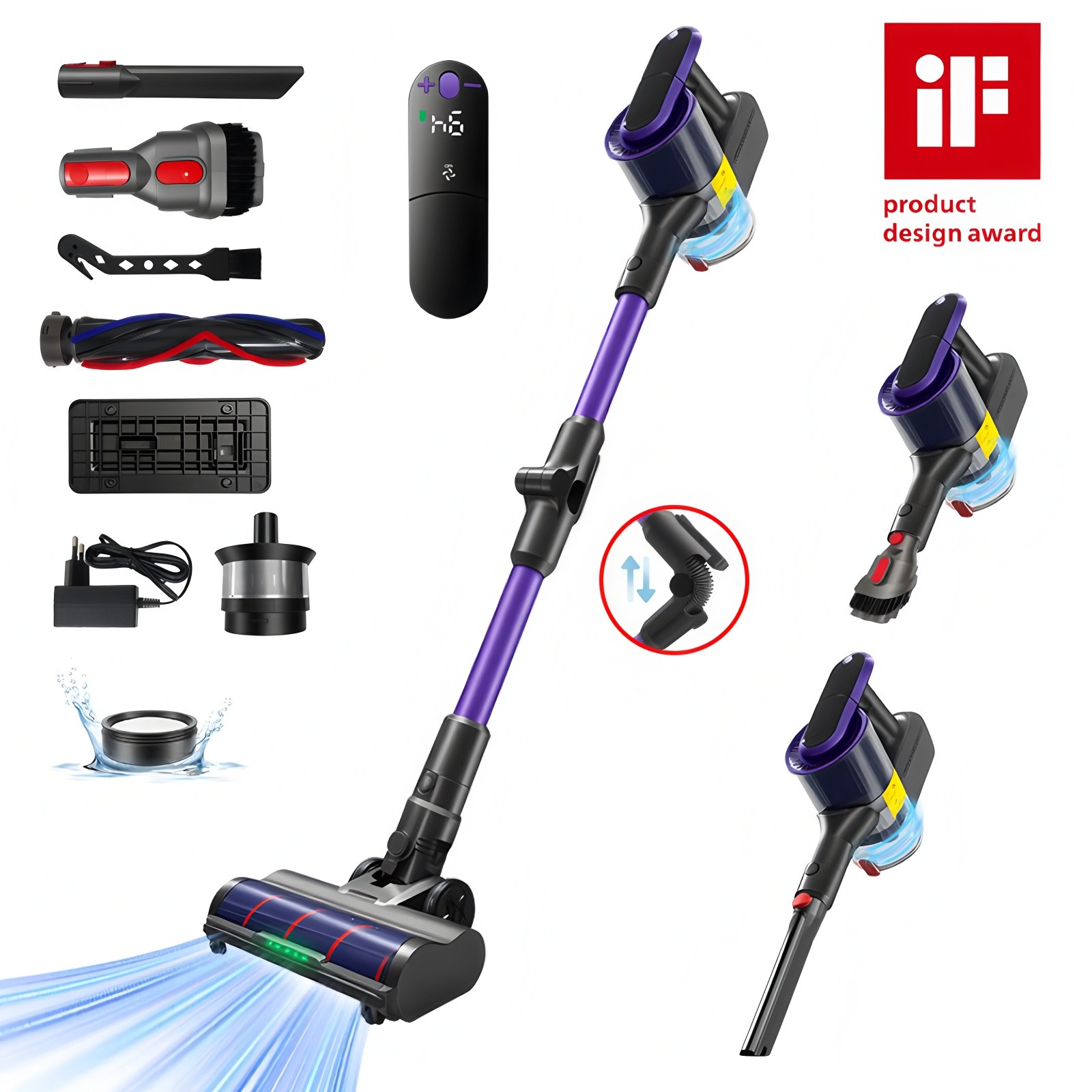 [국내발송] RichMagic 차이슨 22000pa 브러시리스 BLDC 무선청소기 다기능 휴대용 청소기 LED 배터리 잔량 단계 디스플레이접이식 흡입관 설계 듀얼 회전 브러시 세트, 자주색, VC033, 현재가 148,500원