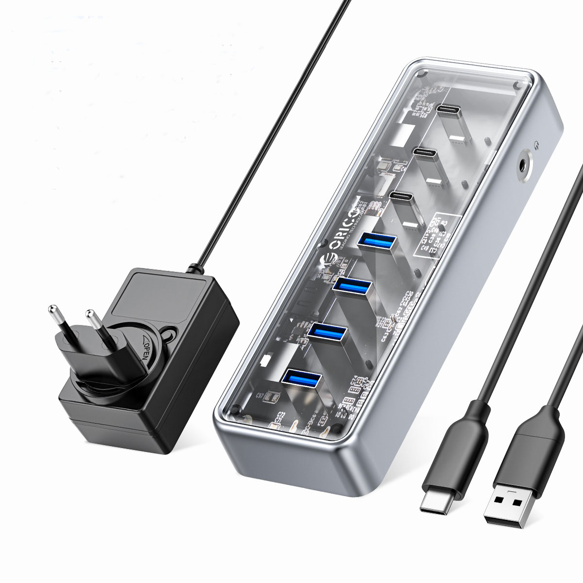 오리코 9 in 1 5Gbps RJ45 3.5mm 오디오 PD 충전 알루미늄 유전원 USB허브 도킹스테이션 OMJ-11P, 실버+투명, 1개 86,000원