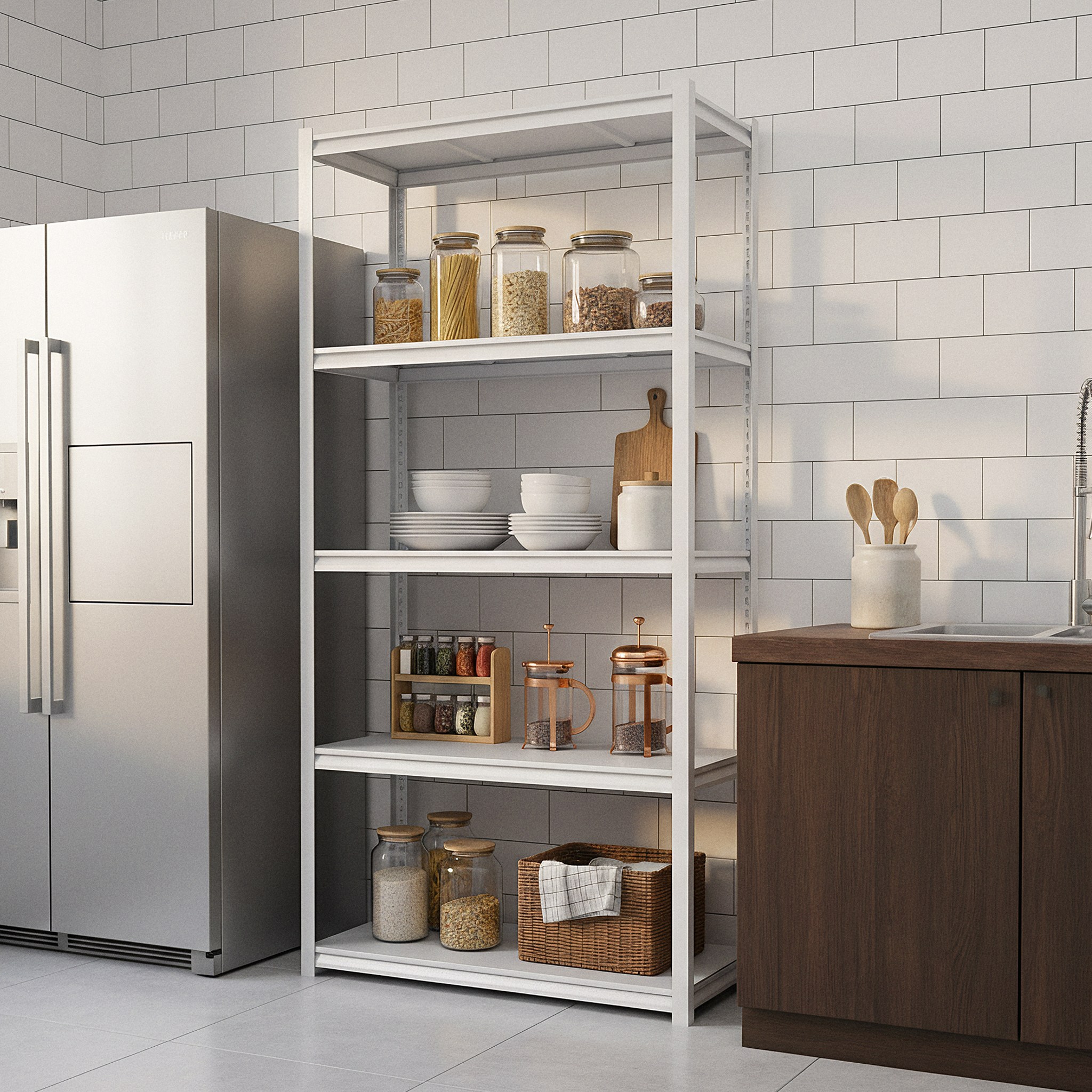 체인지업 5단 철제선반 주방 수납장 전자레인지 선반 베란다선반 조립식 다용도 정리 수납 진열, 5단, 백색 61,000원