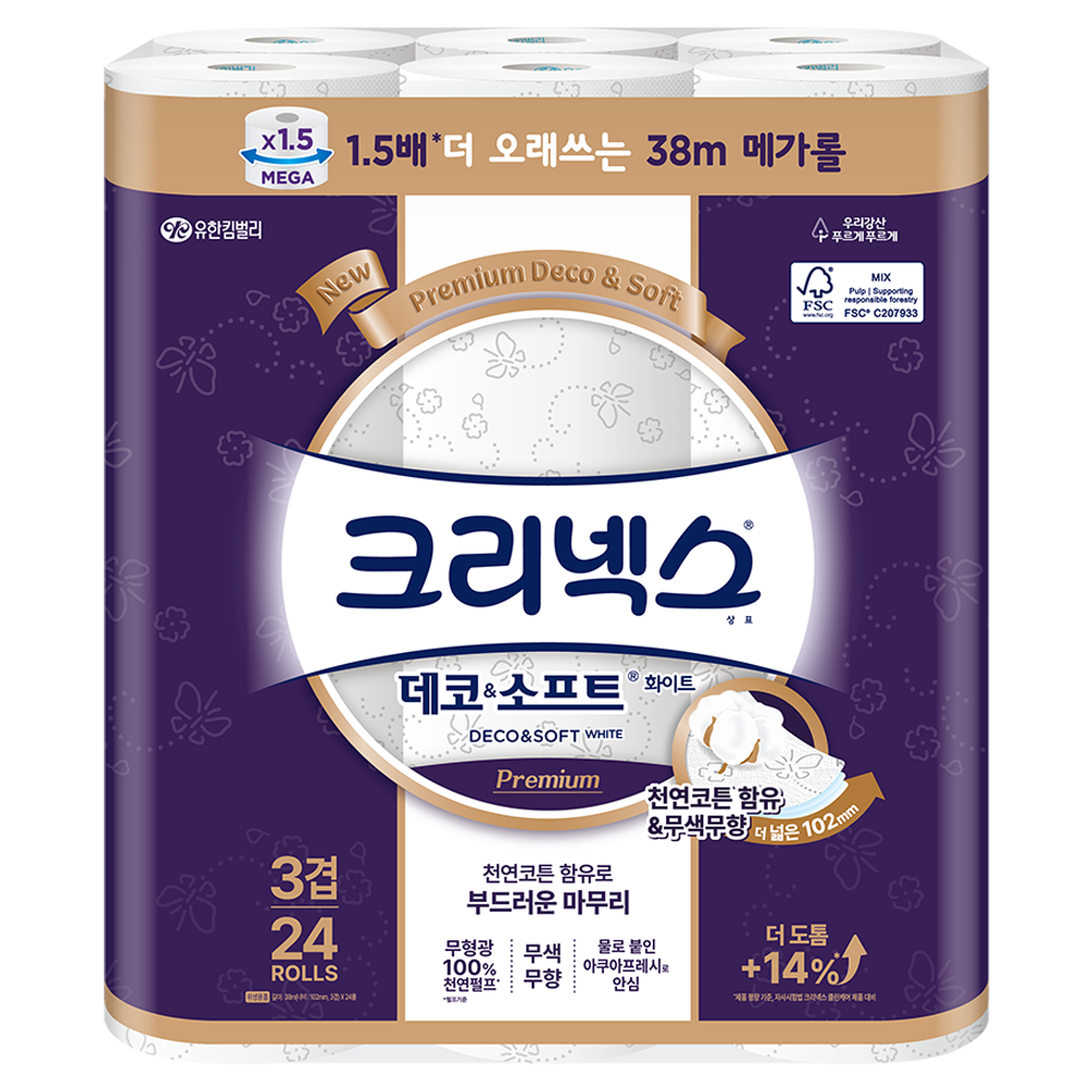크리넥스 데코 앤 소프트 화이트 천연펄프 3겹 고급롤화장지 25,350원