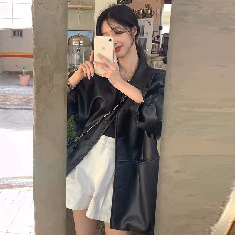 IBOY UGIRL XU0366C 여성 카라넥 버튼 오버핏 가죽 라이딩 자켓 25,700원