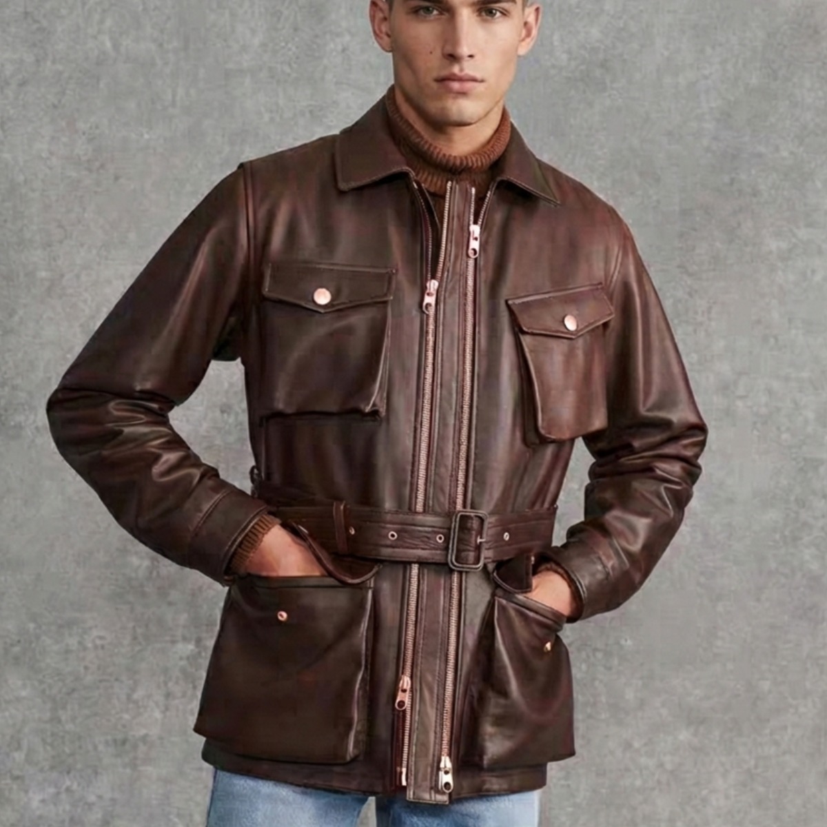 몽키보이 레더 남성 벨티드 양가죽 사파리 필드 자켓 408,000원