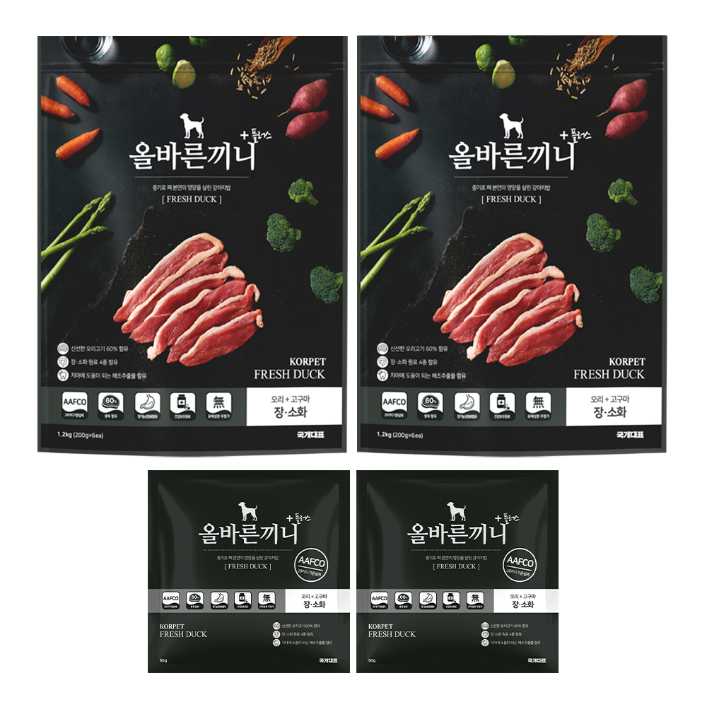 올바른끼니 플러스-오리 고구마(장건강) 강아지사료 _ 60%생육, 100%휴먼그레이드, 스팀공법 영양식 강아지밥, 장건강/유산균, 1.25kg, 2개 57,000원