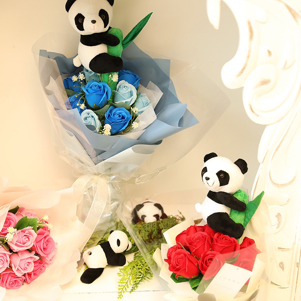 비누꽃 졸업식 입학식 선물 밤부판다 비누장미 10송이 인형 꽃다발, 밤부판다 비누장미 10송이 꽃다발 레드, 1개 16,900원