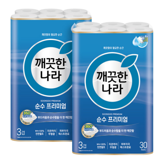 깨끗한나라 순수 프리미엄 더 퍼스트 천연펄프 3겹 고급롤화장지 31,390원