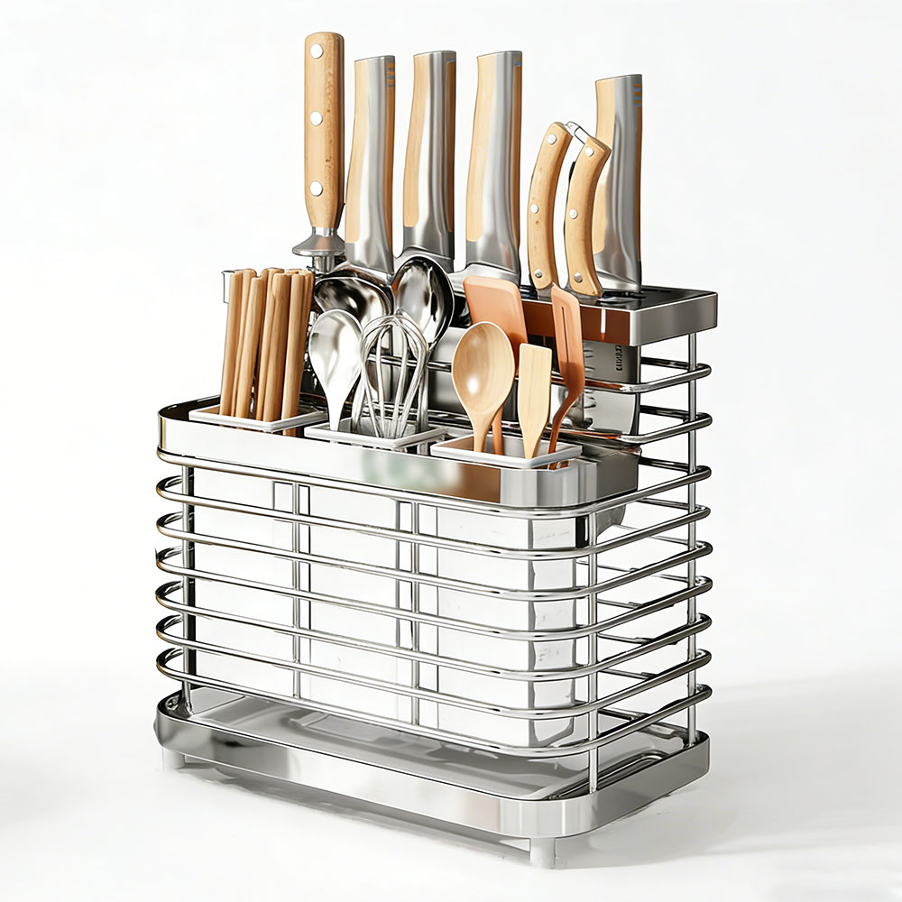 VIX Group 주방용 칼꽂이 수저 보관함 수저통 스테인리스 물빠짐 스탠드형 수저꽂이 대용량 칼류 보관 수납, 1개, 실버 15,400원