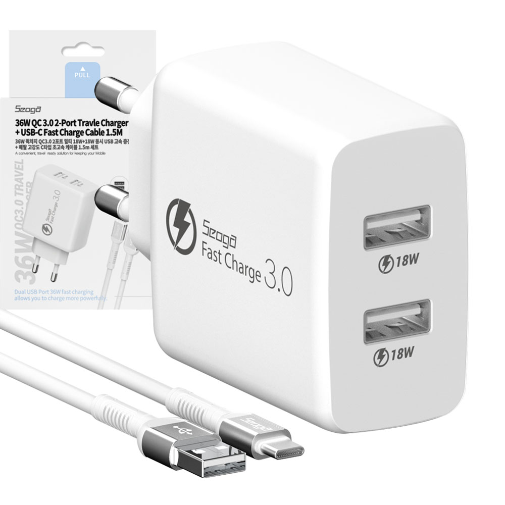 서가 36W 퀵차지 QC3.0 2포트 멀티 USB 고속 충전기 + 메탈 고강도 C타입 고속 케이블 1.5m 세트, 화이트, 1세트 13,190원