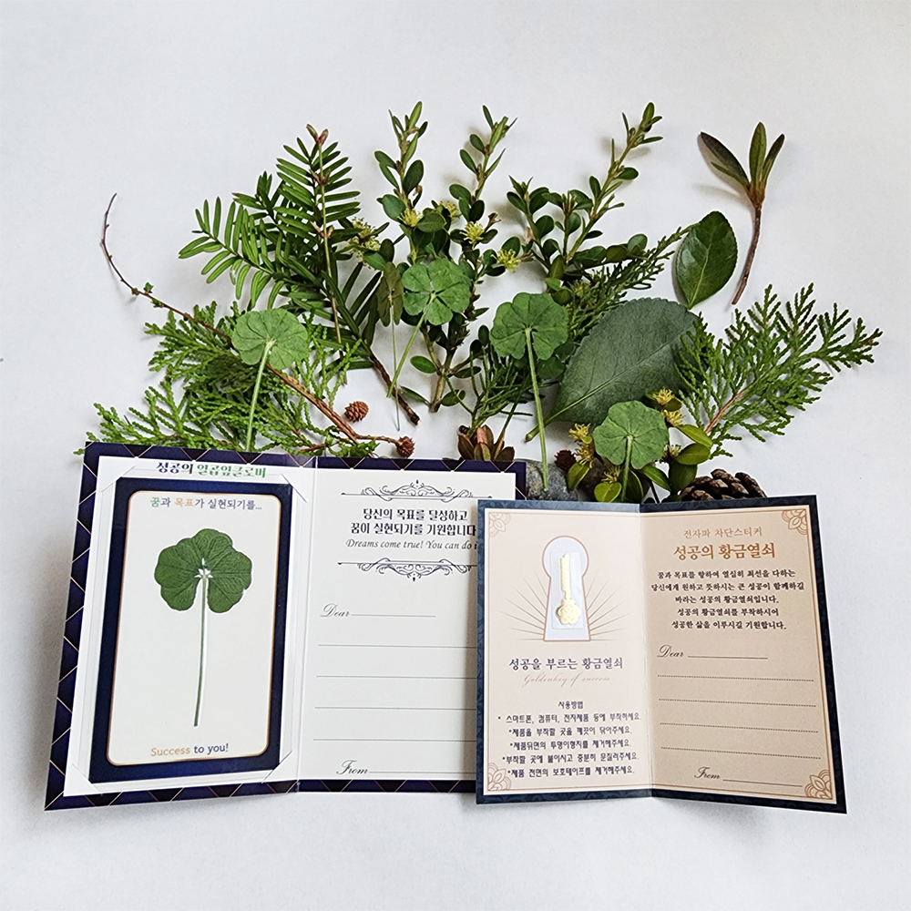 성공의 7잎클로버 생화 코팅 메세지 폴더카드 + 성공의 황금열쇠 24골드 전자파차단스티커 세트 12,900원