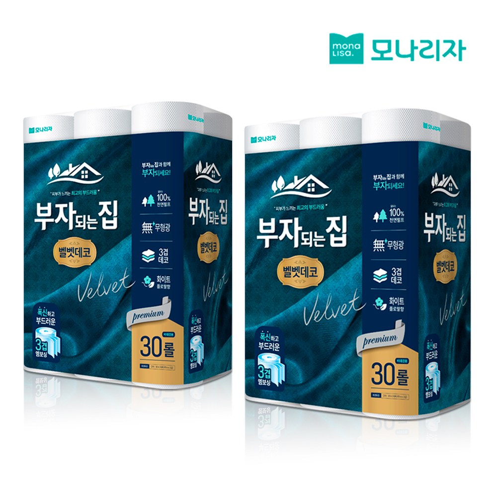 모나리자 부자되는집 벨벳데코 30m 30롤 X 2팩 고급화장지, 30m, 30개입, 2개, 현재가 27,980원