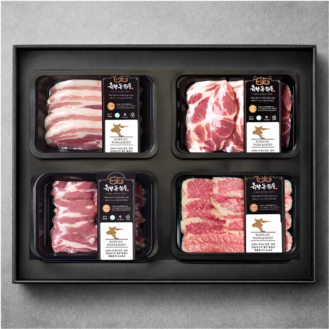 명품한돈 국내산 1등급 한돈 프리미엄 선물세트 2호(삼겹살+목살+항정살+낙엽살) 모듬소세지 증정, 1박스 117,000원