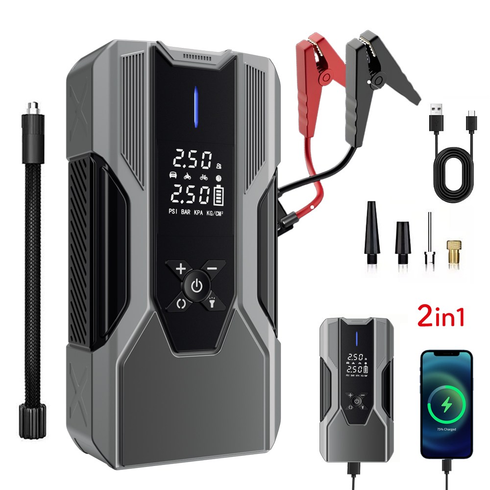 LA DERIVE 긴급시동 보조배터리 점프 스타터+타이어 공기압주입기+스마트 케이블+대용량 배터리 일체형 스마트시동 오토바이 보조배터리 긴급시동, 1개, 8000mAh 93,800원