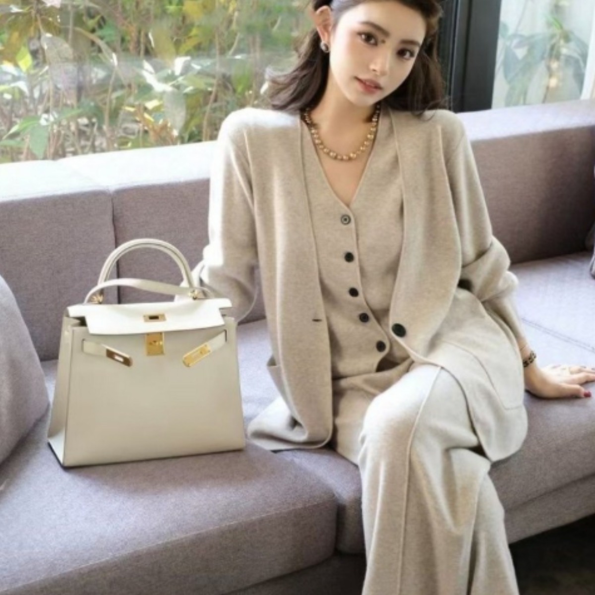 TIMEPURE 여성 가을 겨울 패션 니트 자켓 베스트 와이드 팬츠 세트 고퀄리티 3피스 세트 53,800원