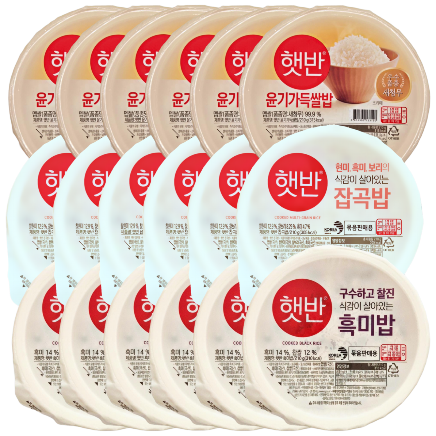 CJ 건강 햇반 신제품 3종 혼합 (백미 + 잡곡밥 + 흑미밥) 캠핑 자취 식단 조합 즉석밥, 18개, 210g 33,900원