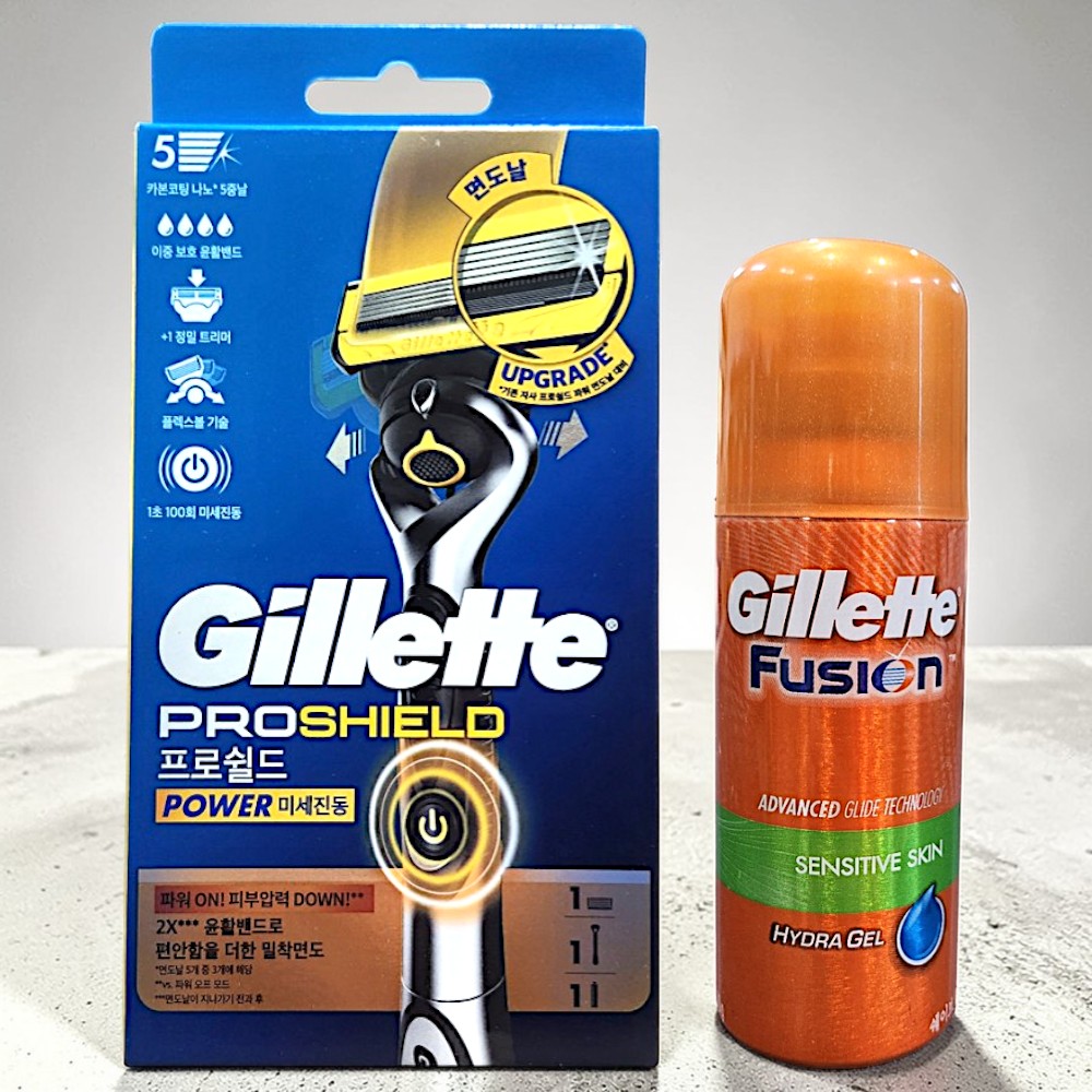 질레트 프로쉴드 미세진동 파워 핸들 면도기 + 면도날 세트 + 퓨전 센스티브스킨 하이드라 젤 70g 17,700원