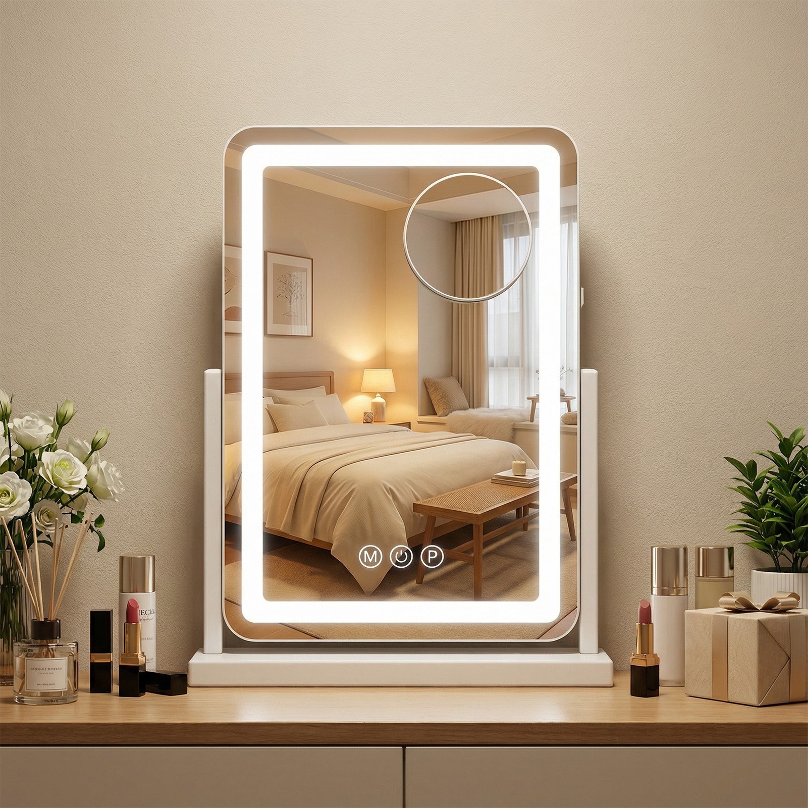 안토크 LED 메이크업 거울 스마트 원터치 360도 화전 3컬러 100단 조명 화장대거울 탁상거울 충전식 USB 가능 69,900원