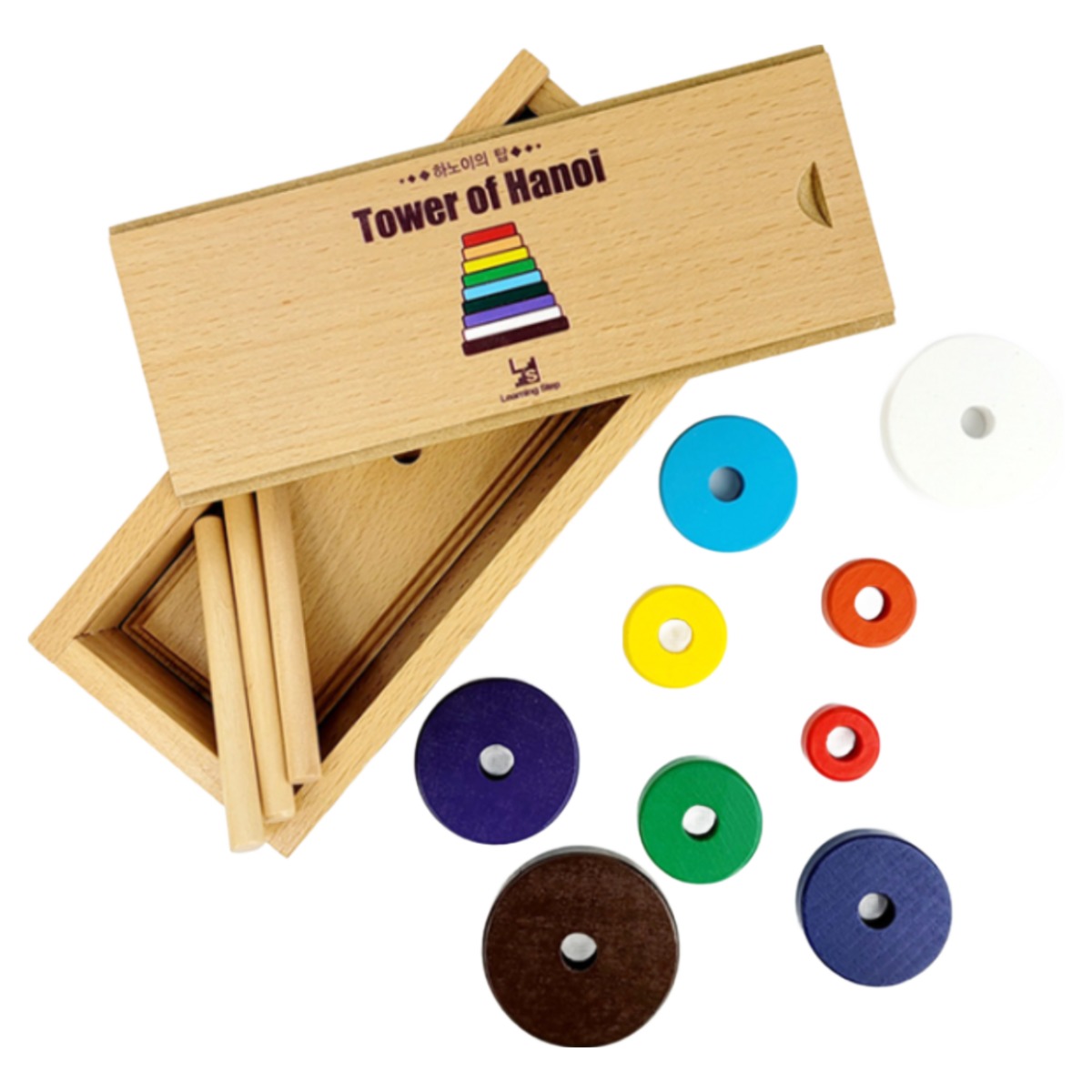 러닝스텝 하노이탑 9단 고급 원목함 포함 수학원목교구 도형완구 공부잘하는법, 1개 12,000원