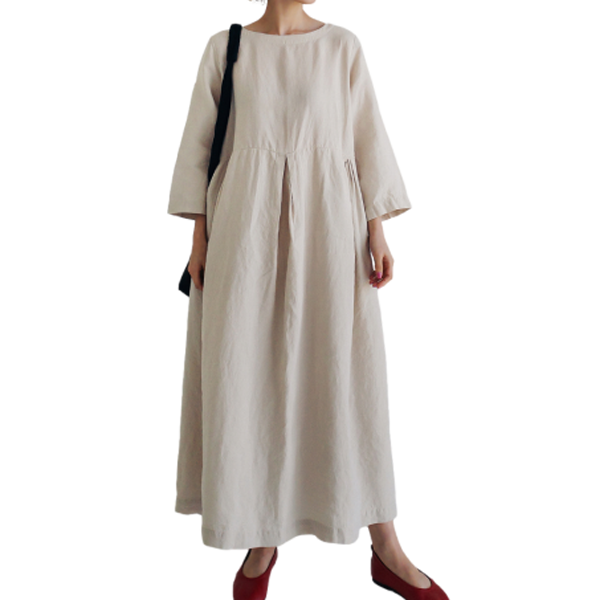 퀸앤조이 내추럴핏 핀턱 플레어 린넨 롱원피스 66,800원