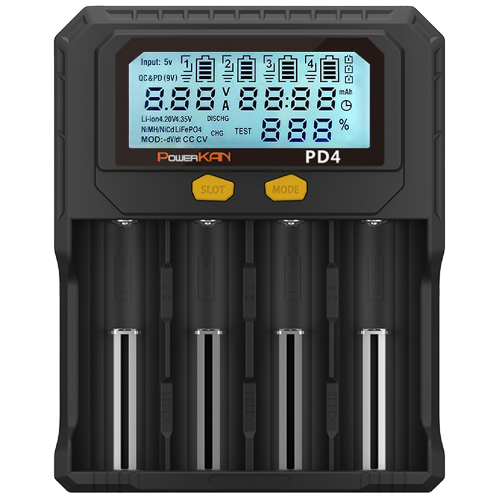 POWERKAN 스마트 만능 LCD 지능형 배터리 충전기 4구 리튬 니켈 PD4 건전지 배터리 고속충전 18650 AA AAA 21700 32650 용량확인 과충전방지 방전테스트 28,760원