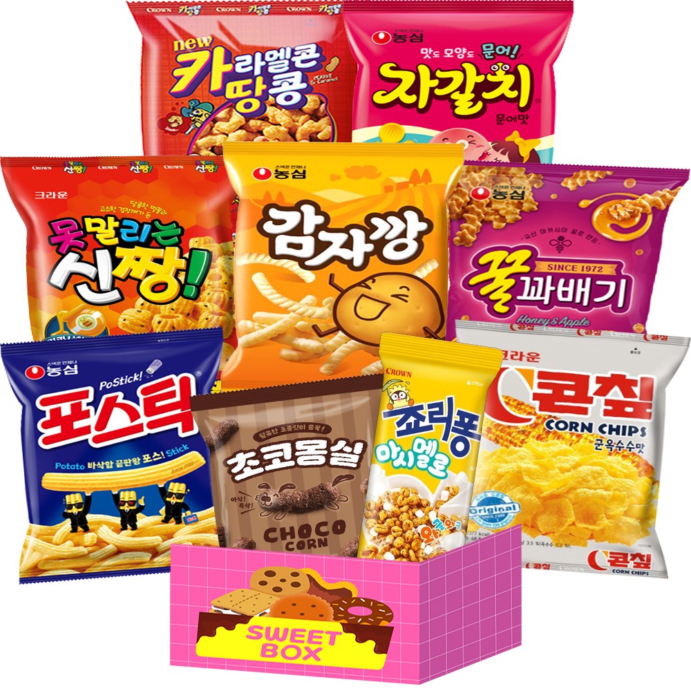 소소 세트 카라멜콘땅콩46g 콘칲44g 죠리퐁마시멜로35g 신짱73g 자갈치30g 꿀꽈배기30g 포스틱30g 감자깡30g 몽실22g 11,980원