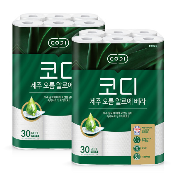 코디 제주 오름 알로에 베라 30m 30롤 2팩 천연펄프 57,500원