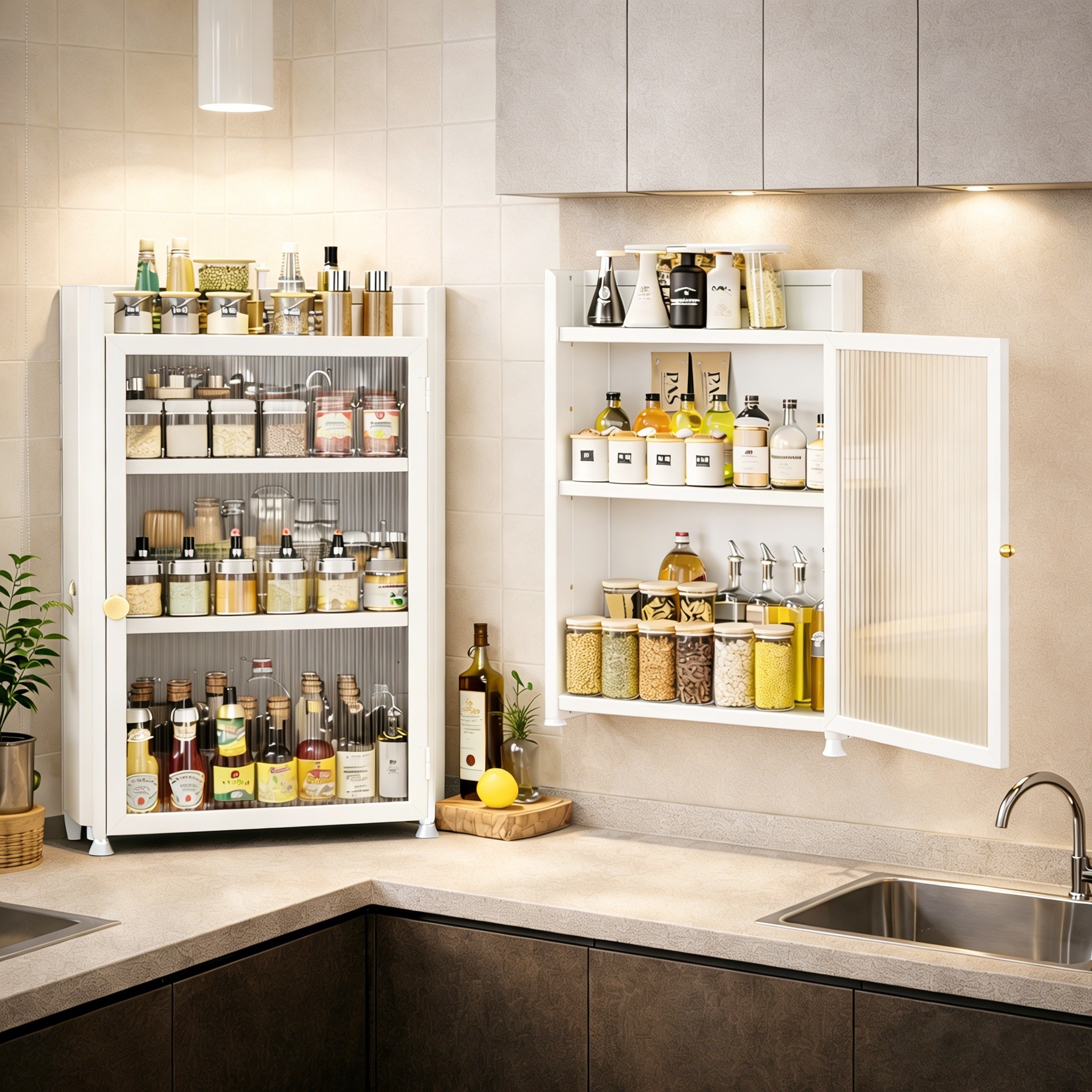 GOOD MOMENT 주방 수납장 카본강 스틸 먼지차단 슬라이딩 도어 조리대 코너 수납, 1개, 화이트, 현재가 45,900원