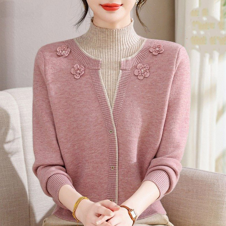 ORZQU 봄가을 여성 반하이넥 가디건 기모 안감 보온 중년 여성 니트 30,500원