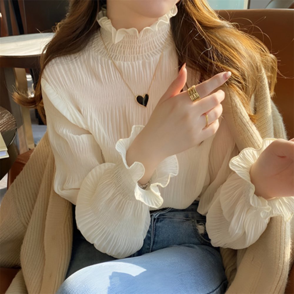 니즈플리 주름있는 이너블라우스 하객룩블라우스 아이보리블라우스 소매프릴블라우스 프릴넥블라우스 43,800원