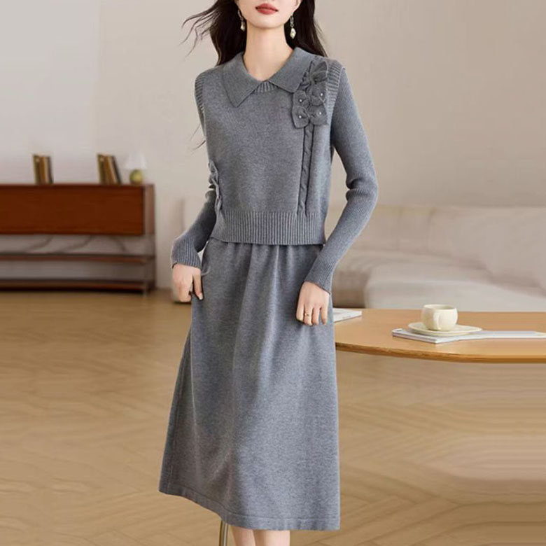 FANSYLI 니트 원피스 세트 여성 가을 겨울 심플 루즈핏 원피스 패션 터틀넥 니트 조끼+롱 원피스 투피스 하객룩 오피스룩 빅사이즈 엄마옷 간절기 X2509S18 37,170원